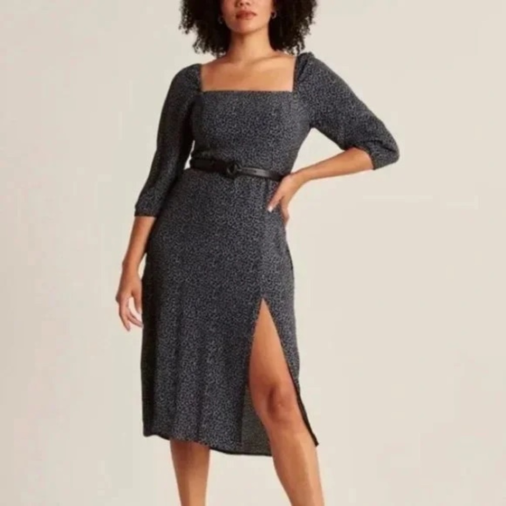 Abercrombie & Fitch Squareneck Midi Flowy Dress Blue Leopard Long Sleeve Sz ST
